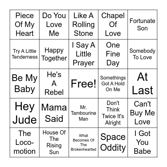 Musical Bingo 60s Mega Hits Bingo Card