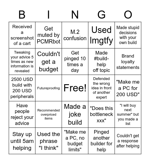 PCMR Builders Bingo Card