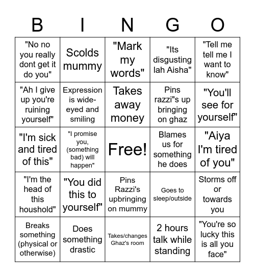 Things dad does when hes angry Bingo Card