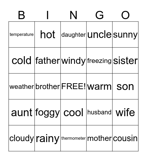Weather & Family  Bingo Card