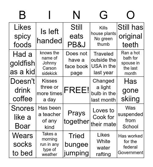 Couples Bingo Card