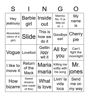 90s Singo Bingo Card