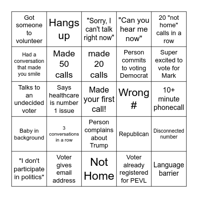 PEVL Phone Bank Bingo Card