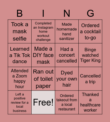 Quarantine Bingo Card