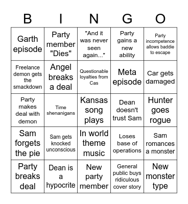 Supernatural Season 9 Bingo Card
