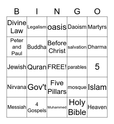 Religion Bingo Card