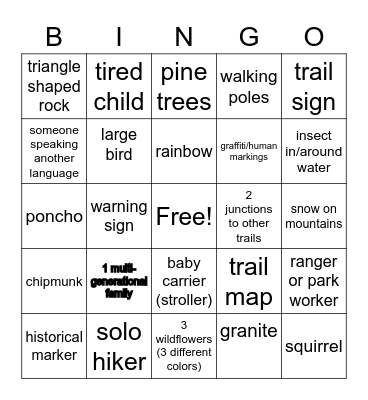 Yosemite Mist Trail Bingo (advanced) Bingo Card