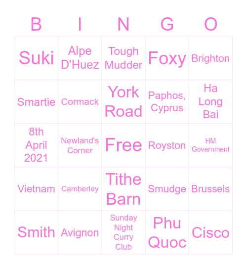 Rachel's Virtual Hen Bingo Card