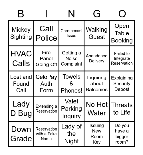 Front Desk Operations 2020 Bingo Card