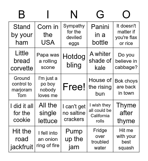 Food Pun Bingo Card