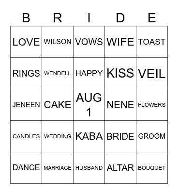 BRIDE Bingo Card