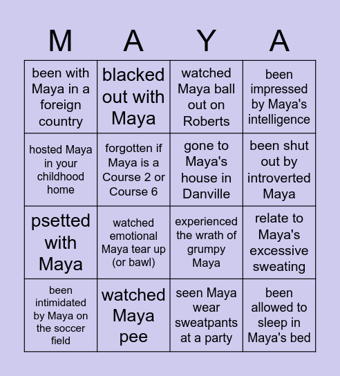 Maya's 21st Bingo Card