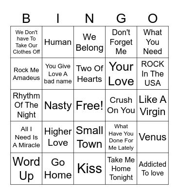 #2-Mid 80's HITS Bingo Card