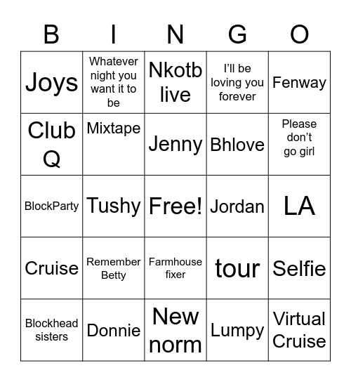 NKOTB Bingo Card