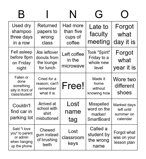 The Tired Teacher Bingo Card