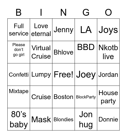 NKOTB Bingo Card