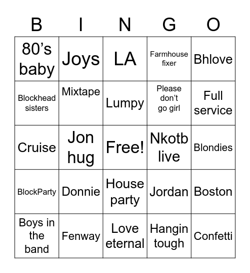 NKOTB Bingo Card