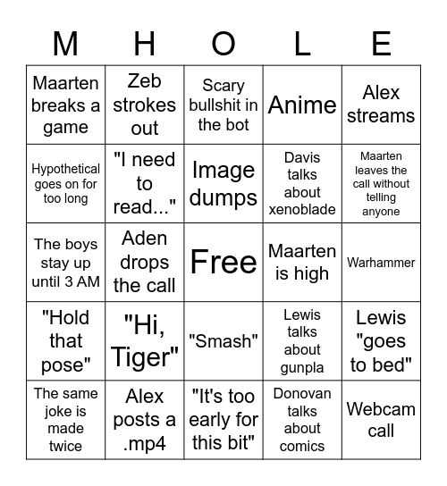 Mud Hole Bingo Card