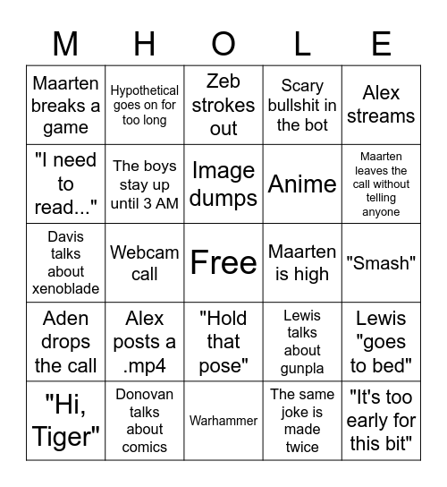 Mud Hole Bingo Card