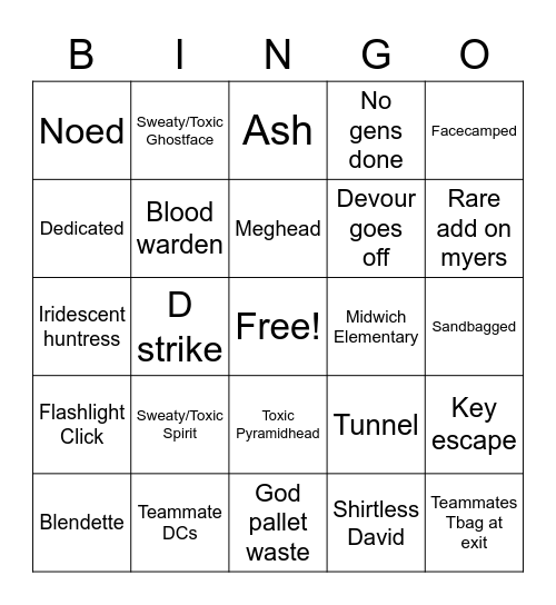 DBD Bingo Card