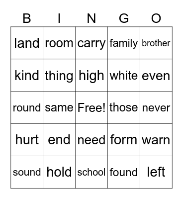 Joey's words Bingo Card