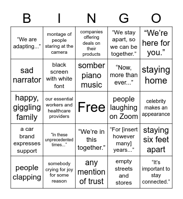 COVID Commerical Bingo Card