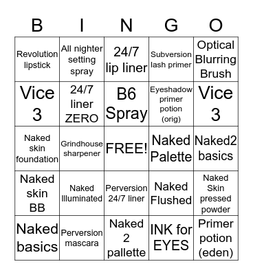 Urban Decay  Bingo Card