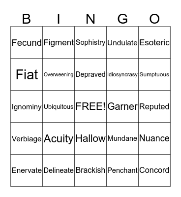 Vocabulary Unit 5  Bingo Card