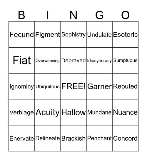 Vocabulary Unit 5  Bingo Card