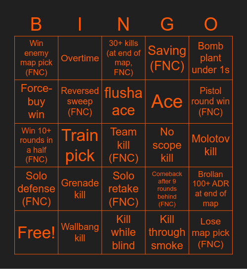 Fnatic vs G2 Bingo Card