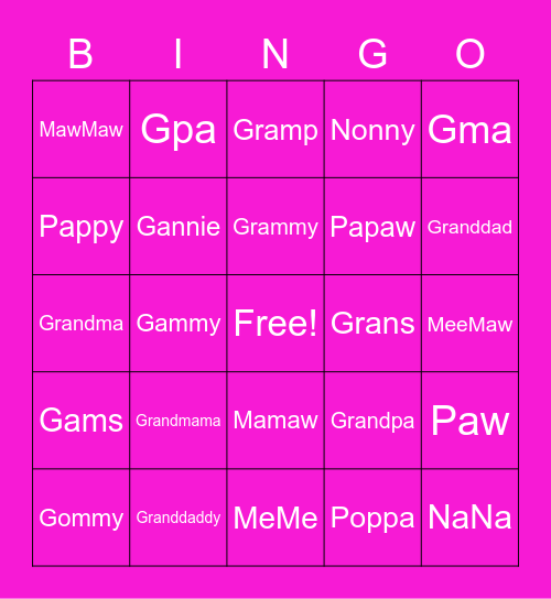 Grandparents Nicknames Bingo Card