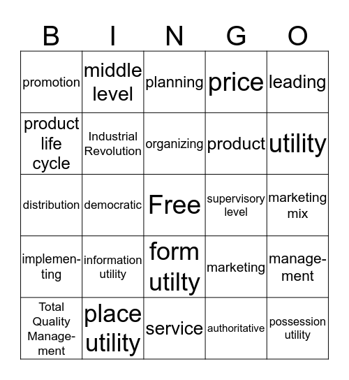 Marketing Management Unit 2 and 3 Bingo Card