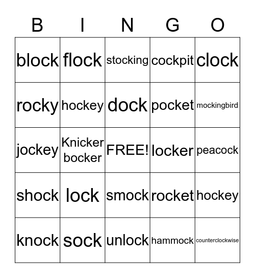 'OCK' BINGO! Bingo Card