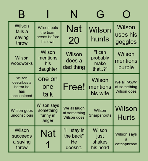 Wilson Woodsman Bingo Card