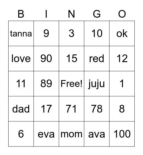 Juliana Bingo Club Bingo Card