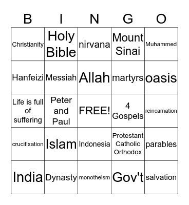 Religion Bingo Card