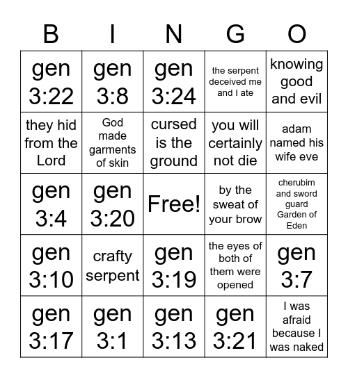 The Fall Genesis 3 Bingo Card