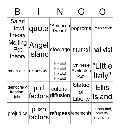 Immigration Unit Bingo Card