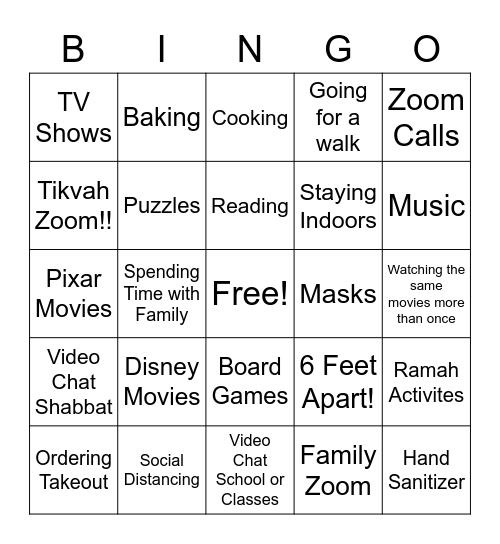 Tikvah is Social Distancing!!! Bingo Card