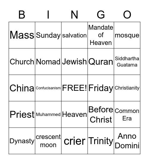 Religion Bingo Card
