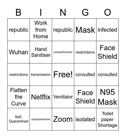 Dictionary Bingo Cornoavirus Bingo Card