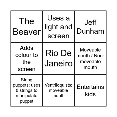 Creative Arts - Puppetry (Grade 8) Bingo Card