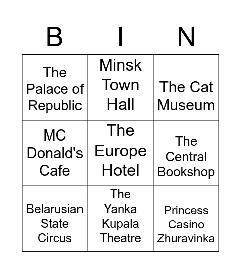 Giving directions Bingo Card