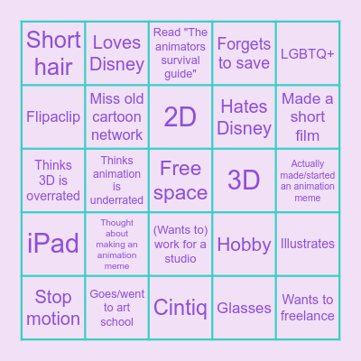 Animation beginner bingo Card