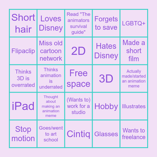 Animation beginner bingo Card