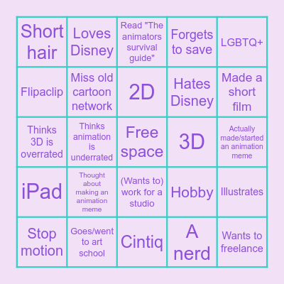 Animation beginner bingo Card