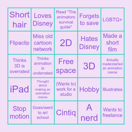 Animation beginner bingo Card