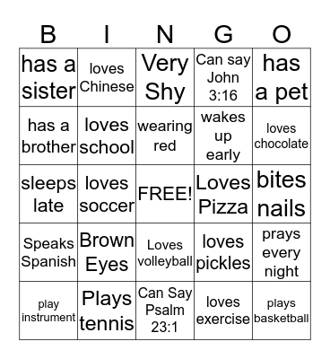 Jewels Slumber Party Bingo Card
