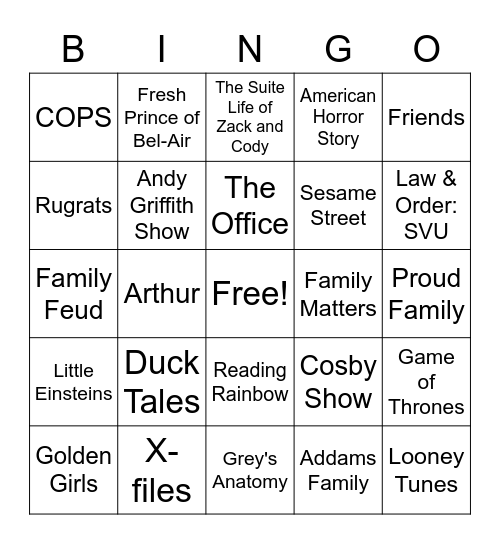 Theme Show Bingo Card