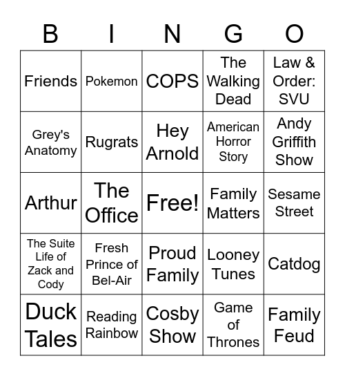 Theme Show Bingo Card